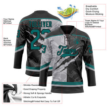 Laden Sie das Bild in den Galerie-Viewer, Uksn Individuelles Schwarz Petrol-Grau 3D-Muster Verlaufsdesign-Kratzer Eishockey-Trikot mit Schnürkragen
