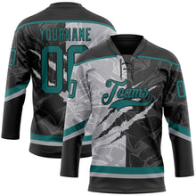 Laden Sie das Bild in den Galerie-Viewer, Uksn Individuelles Schwarz Petrol-Grau 3D-Muster Verlaufsdesign-Kratzer Eishockey-Trikot mit Schnürkragen
