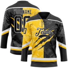 Laden Sie das Bild in den Galerie-Viewer, Uksn Individuelles Schwarz Gelb-Weiß 3D-Muster Verlaufsdesign-Kratzer Eishockey-Trikot mit Schnürkragen
