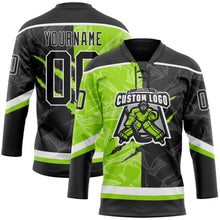 Laden Sie das Bild in den Galerie-Viewer, Uksn Individuelles Schwarz Neongrün-Weiß 3D-Muster Verlaufsdesign-Kratzer Eishockey-Trikot mit Schnürkragen

