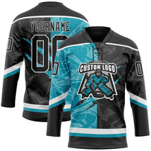 Laden Sie das Bild in den Galerie-Viewer, Uksn Individuelles Schwarz Petrol-Weiß 3D-Muster Verlaufsdesign-Kratzer Eishockey-Trikot mit Schnürkragen
