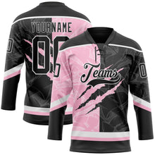 Laden Sie das Bild in den Galerie-Viewer, Uksn Individuelles Schwarz Hellrosa-Weiß 3D-Muster Verlaufsdesign-Kratzer Eishockey-Trikot mit Schnürkragen
