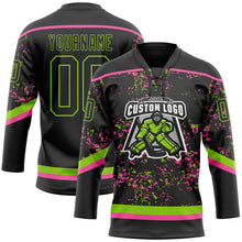 Laden Sie das Bild in den Galerie-Viewer, Uksn Individuelles Schwarz Neongrün-Pink 3D-Muster Fragment-Art Eishockey-Trikot mit Schnürkragen
