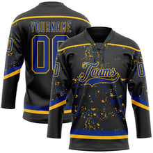 Laden Sie das Bild in den Galerie-Viewer, Uksn Individuelles Schwarz Royalblau-Gold 3D-Muster Fragment-Art Eishockey-Trikot mit Schnürkragen

