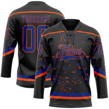 Laden Sie das Bild in den Galerie-Viewer, Uksn Individuelles Schwarz Royalblau-Orange 3D-Muster Fragment-Art Eishockey-Trikot mit Schnürkragen
