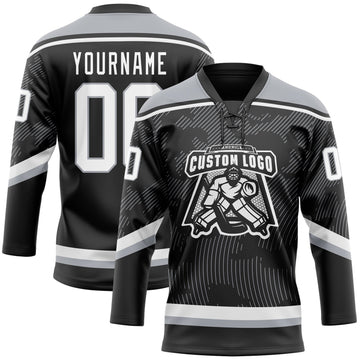 Uksn Individuelles Schwarz Weiß-Grau 3D-Muster Kurvenlinien Eishockey-Trikot mit Schnürkragen