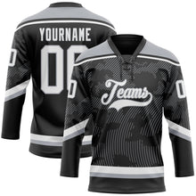 Laden Sie das Bild in den Galerie-Viewer, Uksn Individuelles Schwarz Weiß-Grau 3D-Muster Kurvenlinien Eishockey-Trikot mit Schnürkragen

