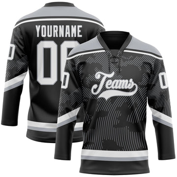Uksn Individuelles Schwarz Weiß-Grau 3D-Muster Kurvenlinien Eishockey-Trikot mit Schnürkragen