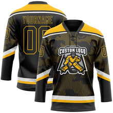 Laden Sie das Bild in den Galerie-Viewer, Uksn Individuelles Schwarz Gold-Weiß 3D-Muster Kurvenlinien Eishockey-Trikot mit Schnürkragen
