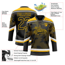 Laden Sie das Bild in den Galerie-Viewer, Uksn Individuelles Schwarz Gold-Weiß 3D-Muster Kurvenlinien Eishockey-Trikot mit Schnürkragen
