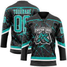 Laden Sie das Bild in den Galerie-Viewer, Uksn Individuelles Schwarz Aqua-Weiß 3D-Muster abstraktes Netzwerk Eishockey-Trikot mit Schnürkragen
