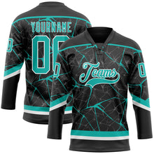 Laden Sie das Bild in den Galerie-Viewer, Uksn Individuelles Schwarz Aqua-Weiß 3D-Muster abstraktes Netzwerk Eishockey-Trikot mit Schnürkragen
