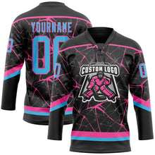 Laden Sie das Bild in den Galerie-Viewer, Uksn Individuelles Schwarz Himmelblau-Pink 3D-Muster abstraktes Netzwerk Eishockey-Trikot mit Schnürkragen

