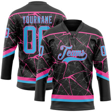 Laden Sie das Bild in den Galerie-Viewer, Uksn Individuelles Schwarz Himmelblau-Pink 3D-Muster abstraktes Netzwerk Eishockey-Trikot mit Schnürkragen
