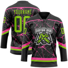 Laden Sie das Bild in den Galerie-Viewer, Uksn Individuelles Schwarz Neongrün-Pink 3D-Muster abstraktes Netzwerk Eishockey-Trikot mit Schnürkragen
