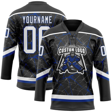Uksn Individuelles Schwarz Weiß-Royalblau 3D-Muster abstraktes Netzwerk Eishockey-Trikot mit Schnürkragen
