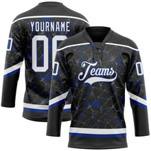 Laden Sie das Bild in den Galerie-Viewer, Uksn Individuelles Schwarz Weiß-Royalblau 3D-Muster abstraktes Netzwerk Eishockey-Trikot mit Schnürkragen
