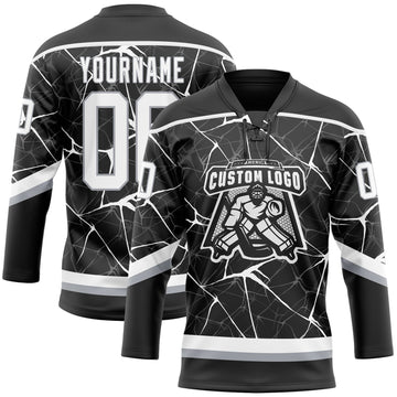 Uksn Individuelles Schwarz Weiß-Grau 3D-Muster abstraktes Netzwerk Eishockey-Trikot mit Schnürkragen