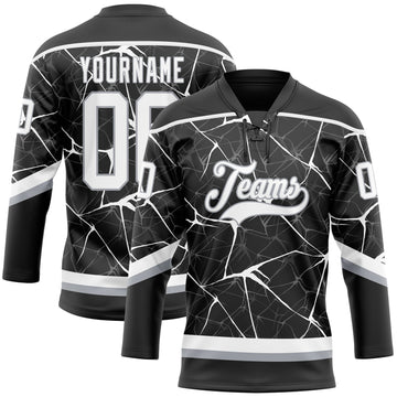 Uksn Individuelles Schwarz Weiß-Grau 3D-Muster abstraktes Netzwerk Eishockey-Trikot mit Schnürkragen
