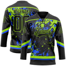 Laden Sie das Bild in den Galerie-Viewer, Uksn Individuelles Schwarz Neongrün-Royalblau 3D-Fluid-Art-Splash Eishockey-Trikot mit Schnürkragen
