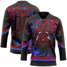 Laden Sie das Bild in den Galerie-Viewer, Uksn Individuelles Schwarz Rot-Royalblau 3D-Fluid-Art-Splash Eishockey-Trikot mit Schnürkragen

