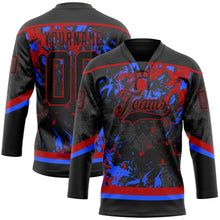 Laden Sie das Bild in den Galerie-Viewer, Uksn Individuelles Schwarz Rot-Royalblau 3D-Fluid-Art-Splash Eishockey-Trikot mit Schnürkragen
