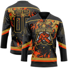 Laden Sie das Bild in den Galerie-Viewer, Uksn Individuelles Schwarz Altgold-Orange 3D-Fluid-Art-Splash Eishockey-Trikot mit Schnürkragen
