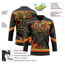 Laden Sie das Bild in den Galerie-Viewer, Uksn Individuelles Schwarz Altgold-Orange 3D-Fluid-Art-Splash Eishockey-Trikot mit Schnürkragen

