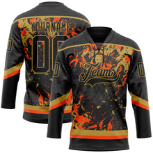 Laden Sie das Bild in den Galerie-Viewer, Uksn Individuelles Schwarz Altgold-Orange 3D-Fluid-Art-Splash Eishockey-Trikot mit Schnürkragen
