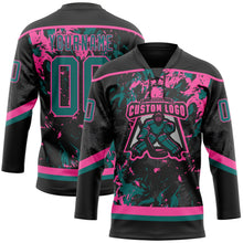 Laden Sie das Bild in den Galerie-Viewer, Uksn Individuelles Schwarz Petrol-Pink 3D-Fluid-Art-Splash Eishockey-Trikot mit Schnürkragen

