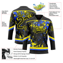 Laden Sie das Bild in den Galerie-Viewer, Uksn Individuelles Schwarz Hellgelb-Royalblau 3D-Fluid-Art-Splash Eishockey-Trikot mit Schnürkragen
