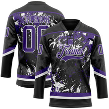 Laden Sie das Bild in den Galerie-Viewer, Uksn Individuelles Schwarz Violett-Weiß 3D-Fluid-Art-Splash Eishockey-Trikot mit Schnürkragen
