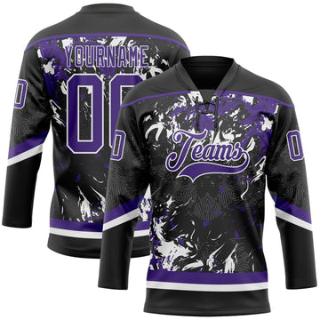 Uksn Individuelles Schwarz Violett-Weiß 3D-Fluid-Art-Splash Eishockey-Trikot mit Schnürkragen