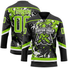 Laden Sie das Bild in den Galerie-Viewer, Uksn Individuelles Schwarz Neongrün-Weiß 3D-Fluid-Art-Splash Eishockey-Trikot mit Schnürkragen
