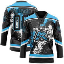 Laden Sie das Bild in den Galerie-Viewer, Uksn Individuelles Schwarz Himmelblau-Weiß 3D-Splash-Art Eishockey-Trikot mit Schnürkragen
