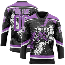 Laden Sie das Bild in den Galerie-Viewer, Uksn Individuelles Schwarz Mittelviolett-Weiß 3D-Splash-Art Eishockey-Trikot mit Schnürkragen
