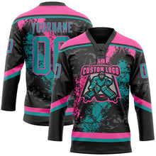 Laden Sie das Bild in den Galerie-Viewer, Uksn Individuelles Schwarz Petrol-Pink 3D-Splash-Art Eishockey-Trikot mit Schnürkragen
