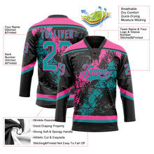 Laden Sie das Bild in den Galerie-Viewer, Uksn Individuelles Schwarz Petrol-Pink 3D-Splash-Art Eishockey-Trikot mit Schnürkragen

