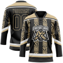 Laden Sie das Bild in den Galerie-Viewer, Uksn Individuelles Schwarz Vegas-Gold-Weiß 3D-Muster abstrakte Formen Eishockey-Trikot mit Schnürkragen
