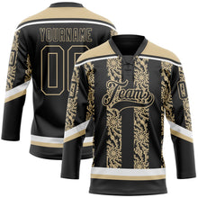 Laden Sie das Bild in den Galerie-Viewer, Uksn Individuelles Schwarz Vegas-Gold-Weiß 3D-Muster abstrakte Formen Eishockey-Trikot mit Schnürkragen
