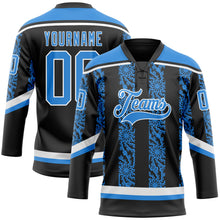 Laden Sie das Bild in den Galerie-Viewer, Uksn Individuelles Schwarz Puderblau-Weiß 3D-Muster abstrakte Formen Eishockey-Trikot mit Schnürkragen
