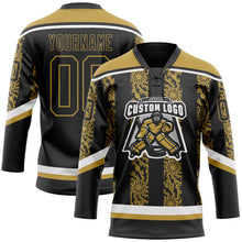 Laden Sie das Bild in den Galerie-Viewer, Uksn Individuelles Schwarz Altgold-Weiß 3D-Muster abstrakte Formen Eishockey-Trikot mit Schnürkragen
