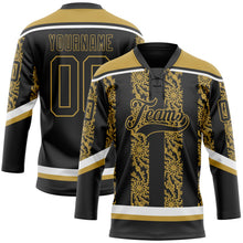 Laden Sie das Bild in den Galerie-Viewer, Uksn Individuelles Schwarz Altgold-Weiß 3D-Muster abstrakte Formen Eishockey-Trikot mit Schnürkragen
