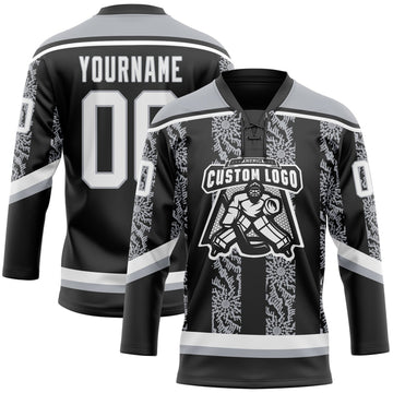 Uksn Individuelles Schwarz Weiß-Grau 3D-Muster abstrakte Formen Eishockey-Trikot mit Schnürkragen