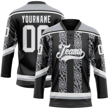 Uksn Individuelles Schwarz Weiß-Grau 3D-Muster abstrakte Formen Eishockey-Trikot mit Schnürkragen