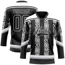 Laden Sie das Bild in den Galerie-Viewer, Uksn Individuelles Schwarz Grau-Weiß 3D-Muster abstrakte Formen Eishockey-Trikot mit Schnürkragen
