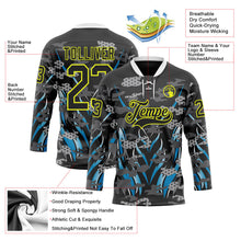 Laden Sie das Bild in den Galerie-Viewer, Uksn Individuelles Schwarz Neongelb Blau-Weiß 3D-Muster abstrakte Camouflage Eishockey-Trikot mit Schnürkragen
