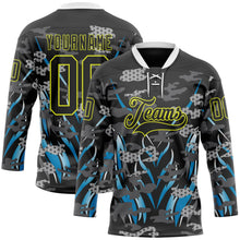Laden Sie das Bild in den Galerie-Viewer, Uksn Individuelles Schwarz Neongelb Blau-Weiß 3D-Muster abstrakte Camouflage Eishockey-Trikot mit Schnürkragen
