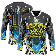 Laden Sie das Bild in den Galerie-Viewer, Uksn Individuelles Schwarz Neongelb Blau-Weiß 3D-Muster abstrakter Splash Eishockey-Trikot mit Schnürkragen
