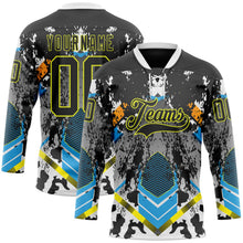 Laden Sie das Bild in den Galerie-Viewer, Uksn Individuelles Schwarz Neongelb Blau-Weiß 3D-Muster abstrakter Splash Eishockey-Trikot mit Schnürkragen
